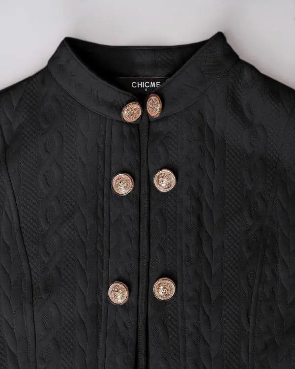 Stand Collar Long Sleeve Cable Textured Coat Button Front Jacket