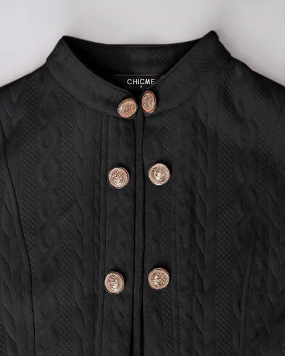 Stand Collar Long Sleeve Cable Textured Coat Button Front Jacket