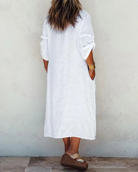 V-Neck Long Sleeve Pullover Front Wooden Button A-Line Casual Shirt Dresss