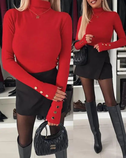 Mock Neck Long Sleeve Button Detail Shirts Slim Fit Pullover Top