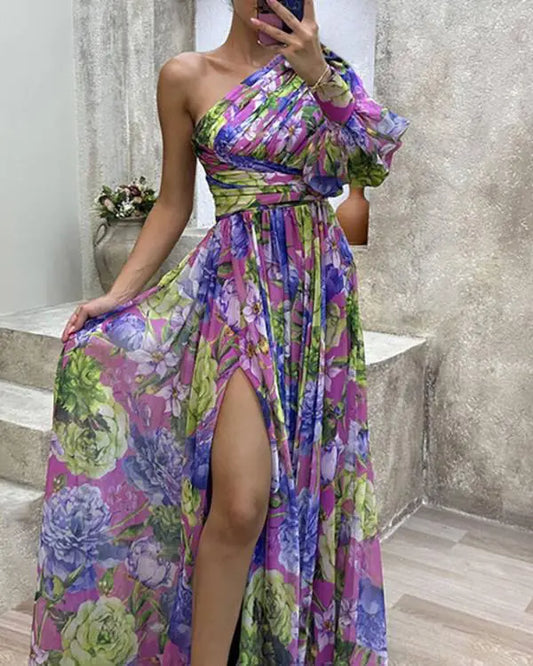 Lantern Sleeve One Shoulder High Slit Floral Maxi Dress