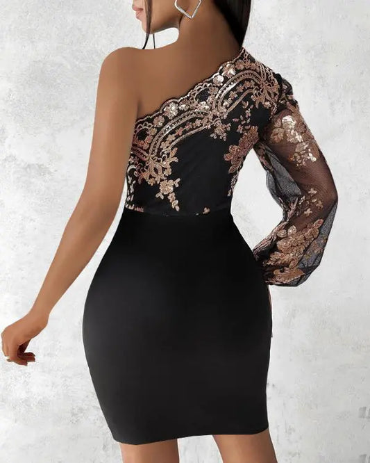 Glitter One Shoulder Long Sleeve Bodycon Dress Sheer Mesh Patchwork Ruched Mini Dress