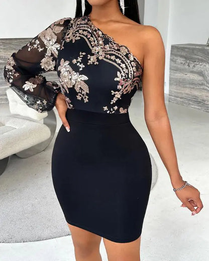 Floral Pattern Contrast Sequin One Shoulder Bodycon Dress