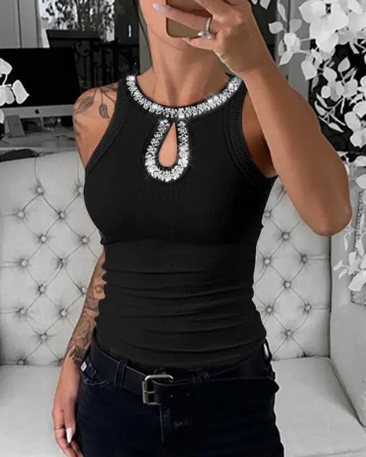 Waffle Knit Camouflage Print Round Neck Sleeveless Tank Slim Fit Casual Top