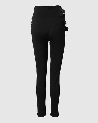 Mesh Patch Buckled High Waist Pants
