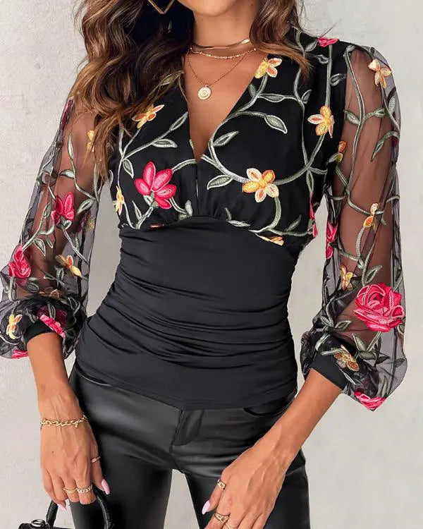 Floral Embroidery V-Neck Sheer Mesh Cinched Waist Blouse Casual Top