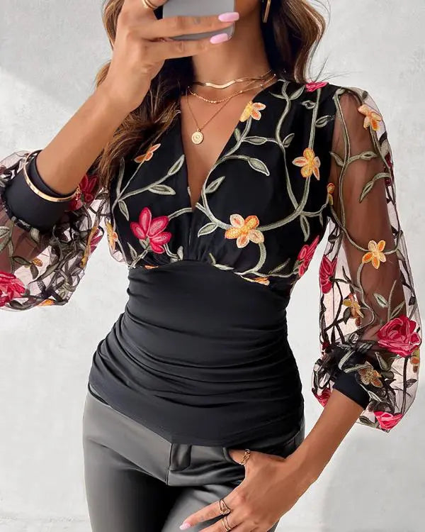 Floral Embroidery V-Neck Sheer Mesh Cinched Waist Blouse Casual Top