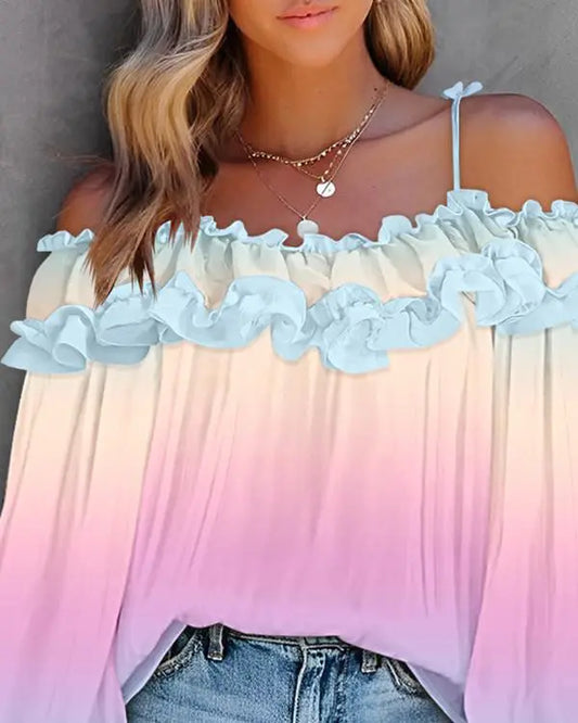 All Over Print Off Shoulder Lantern Sleeve Frill Hem Blouse Casual Top